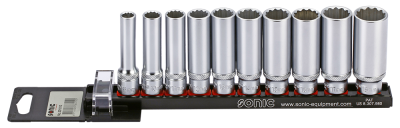 The Sonic chrome vanadium sockets/ bit sockets are mounted on an efficient durable alloy rail for quick, easy identification and usage.